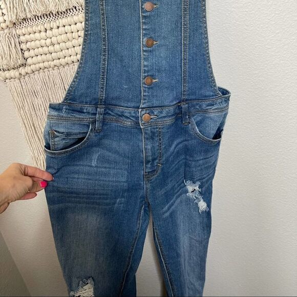 Tinseltown Dark Wash Denim Distressed Overalls Large - Picture 3 of 10
